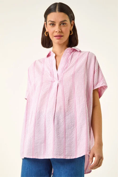Roman Light Pink Stripe Pleated Neck Top - 18 Image 4