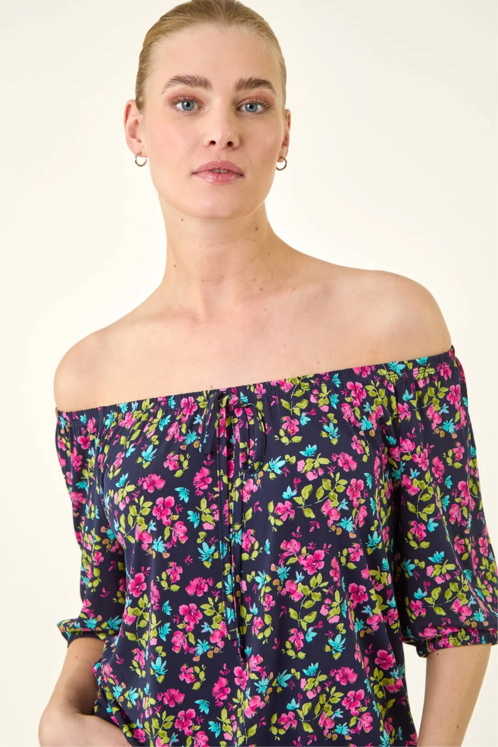 Roman Pink Floral Print Stretch Bardot Top - 18 Image 1