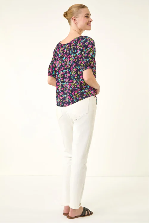 Roman Pink Floral Print Stretch Bardot Top - 18 Image 3