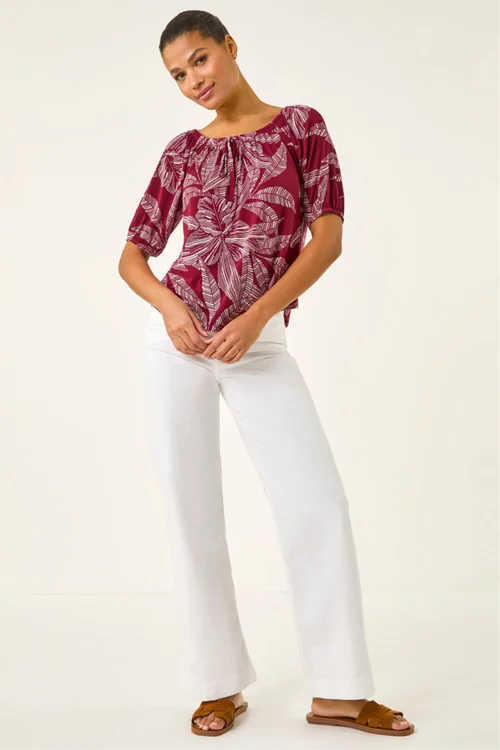 Roman Red Floral Puff Print Bardot Top - 12 Image 2