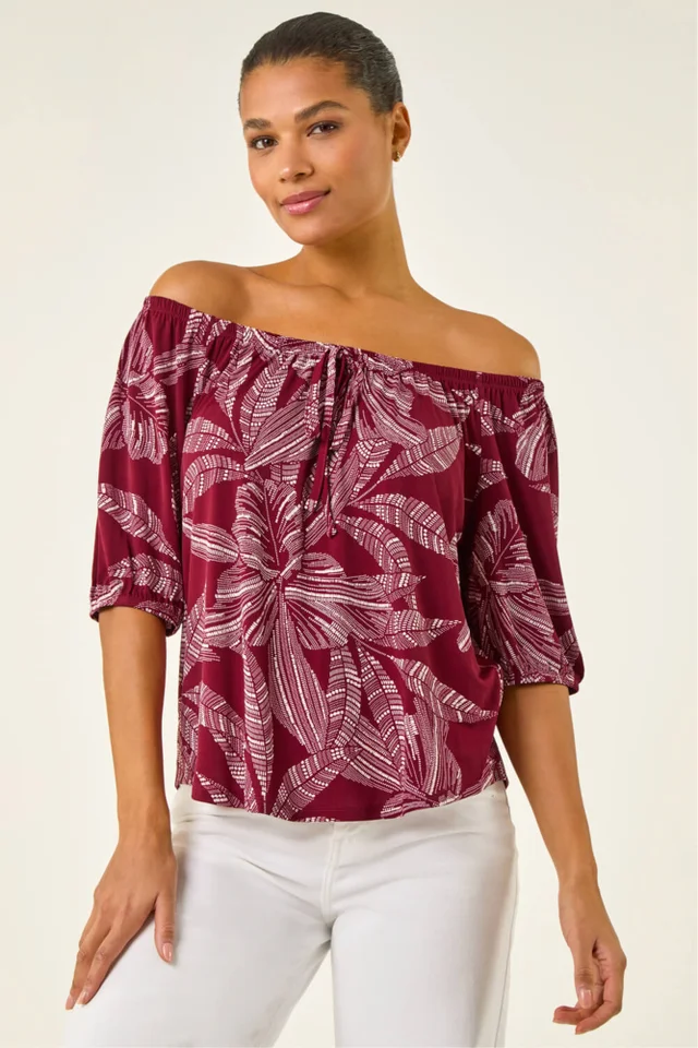 Roman Red Floral Puff Print Bardot Top