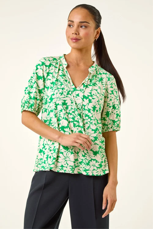 Roman Green Petite Floral Tie Front Top - 10 Image 2