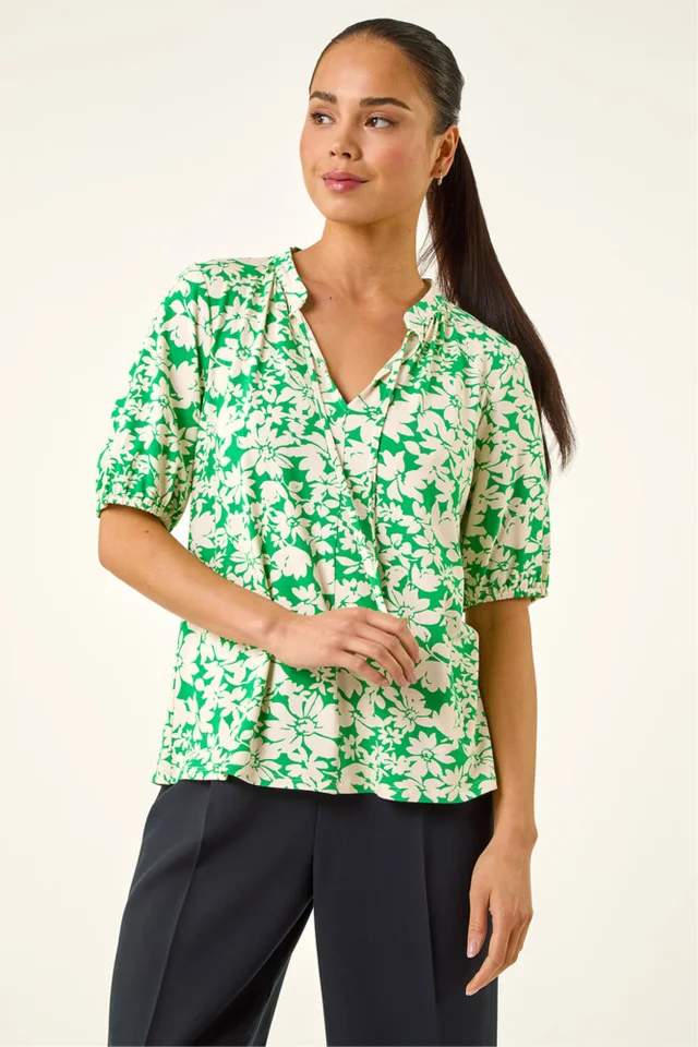 Roman Green Petite Floral Tie Front Top
