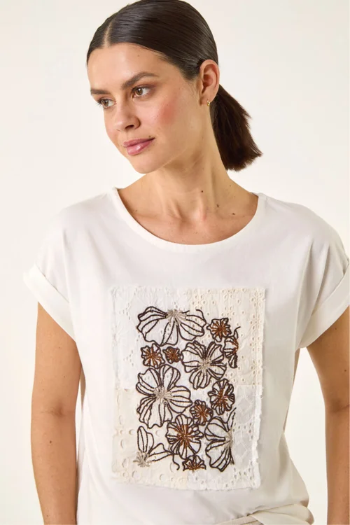 Roman Ivory Embroidered Crochet Panel T-Shirt - 10 Image 1