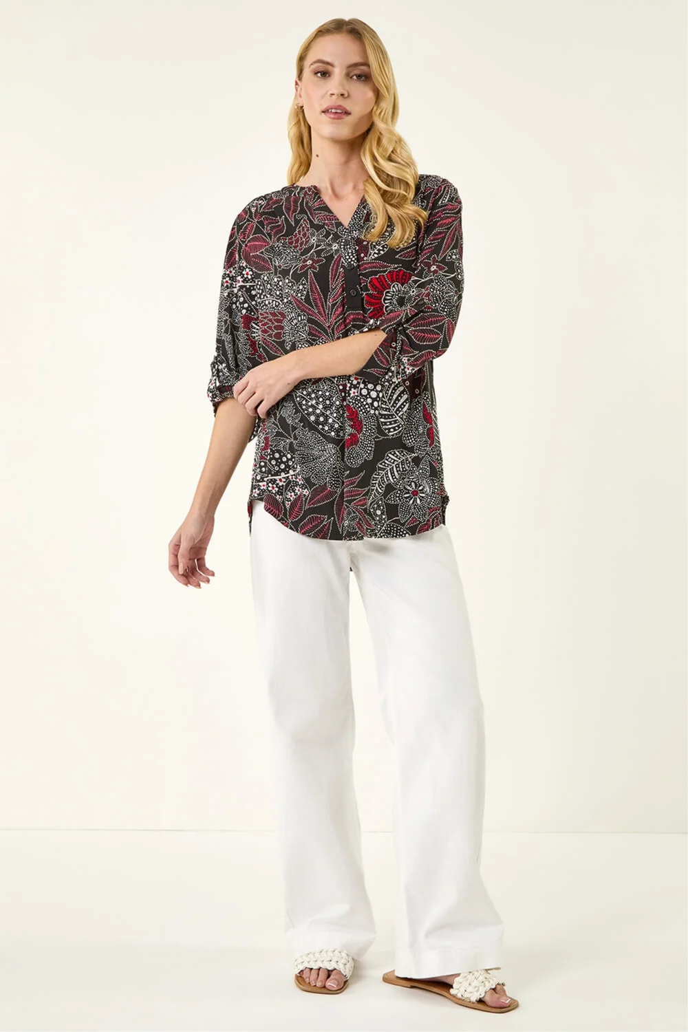 Roman Red Floral Puff Print Gathered Shirt - 14 Image 2
