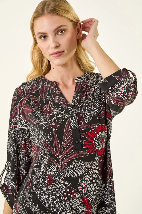 Roman Red Floral Puff Print Gathered Shirt - 14 Image 1