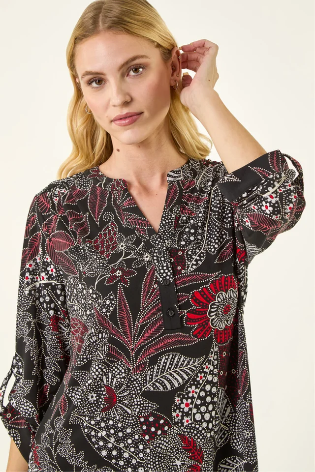 Roman Red Floral Puff Print Gathered Shirt
