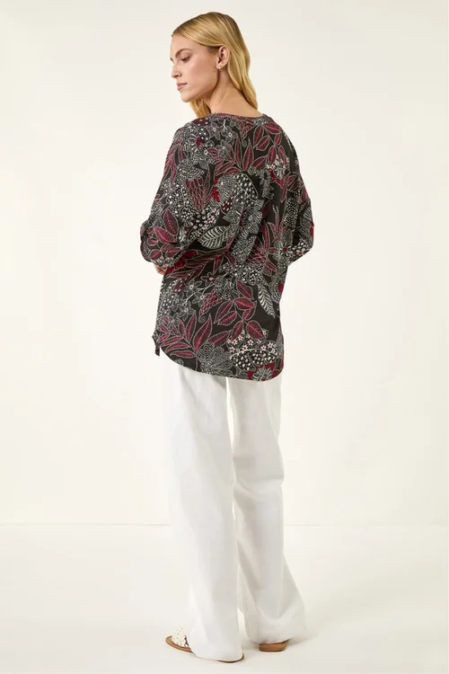 Roman Red Floral Puff Print Gathered Shirt - 14 Image 3