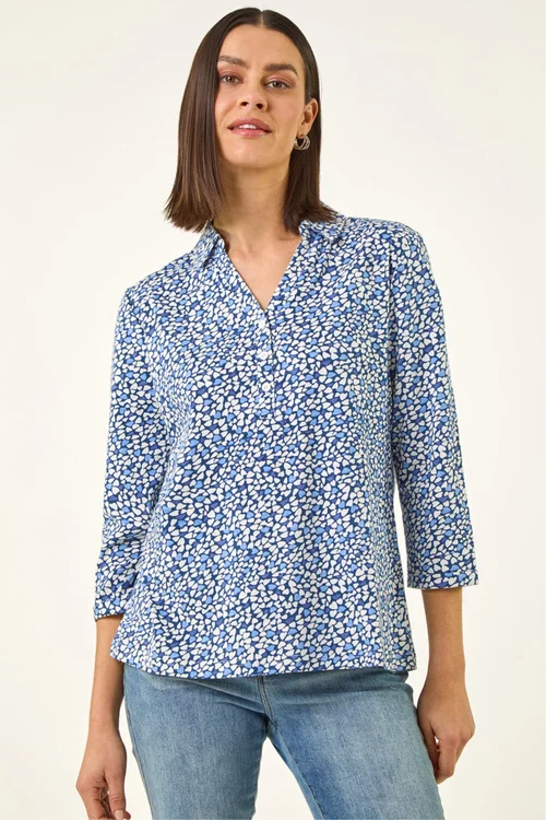 Roman Blue Heart Print Collared Top - 10 Image 4