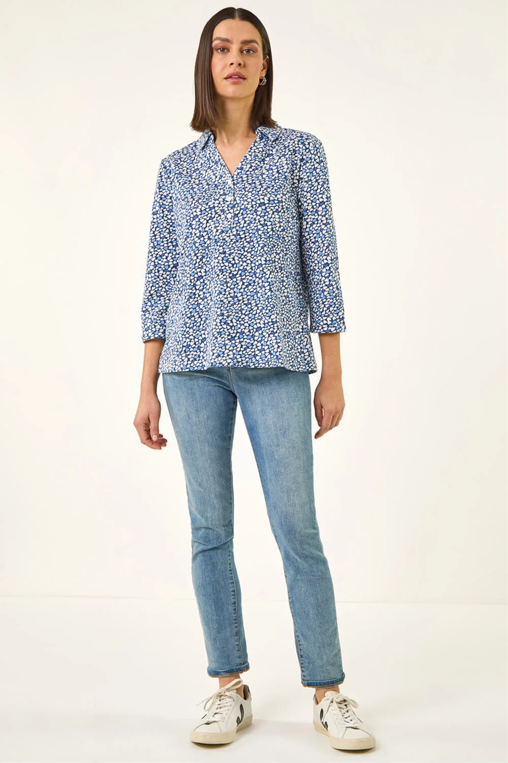 Roman Blue Heart Print Collared Top - 10 Image 2