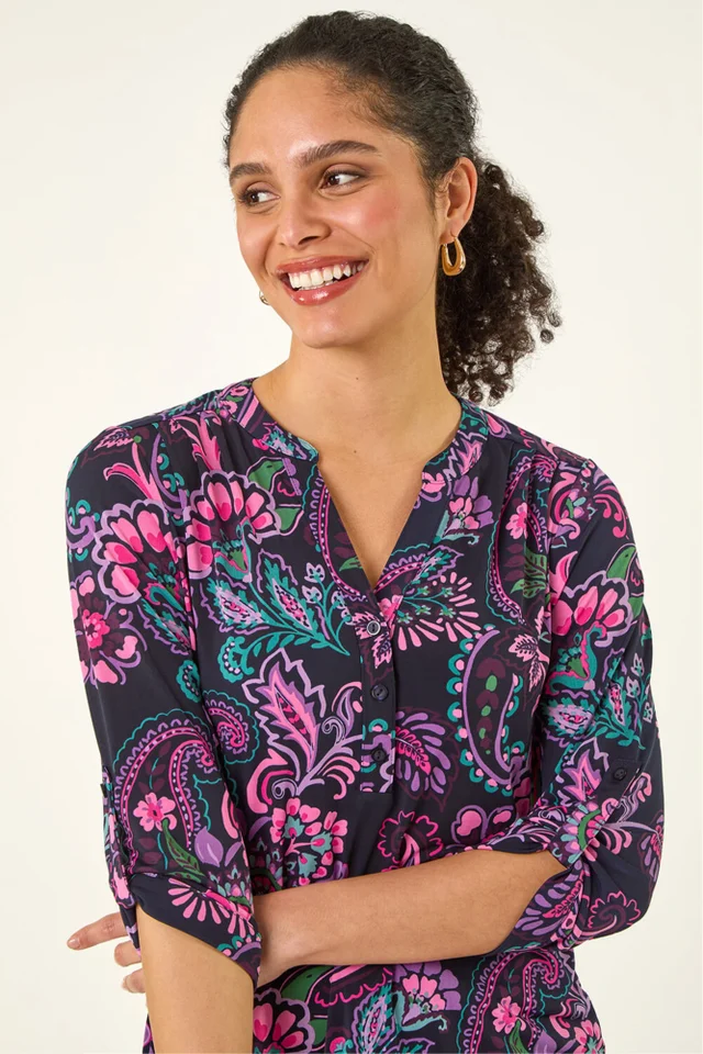 Roman Pink Paisley Print V-Neck Stretch Shirt