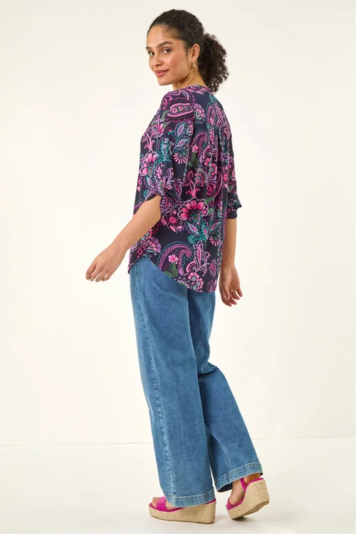 Roman Pink Paisley Print V-Neck Stretch Shirt - 18 Image 2