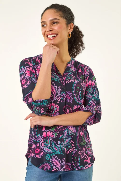Roman Pink Paisley Print V-Neck Stretch Shirt - 18 Image 3
