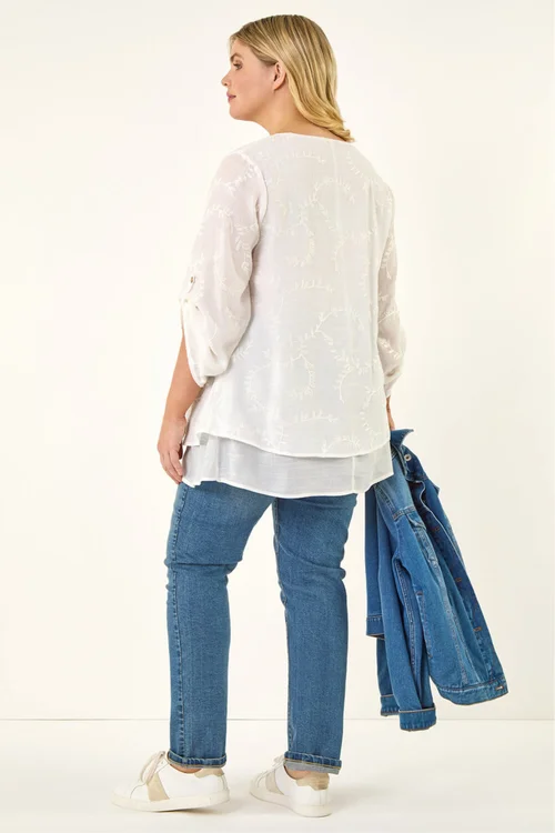 Roman Ivory Curve Embroidered Asymmetric Layer Top - 18 Image 3