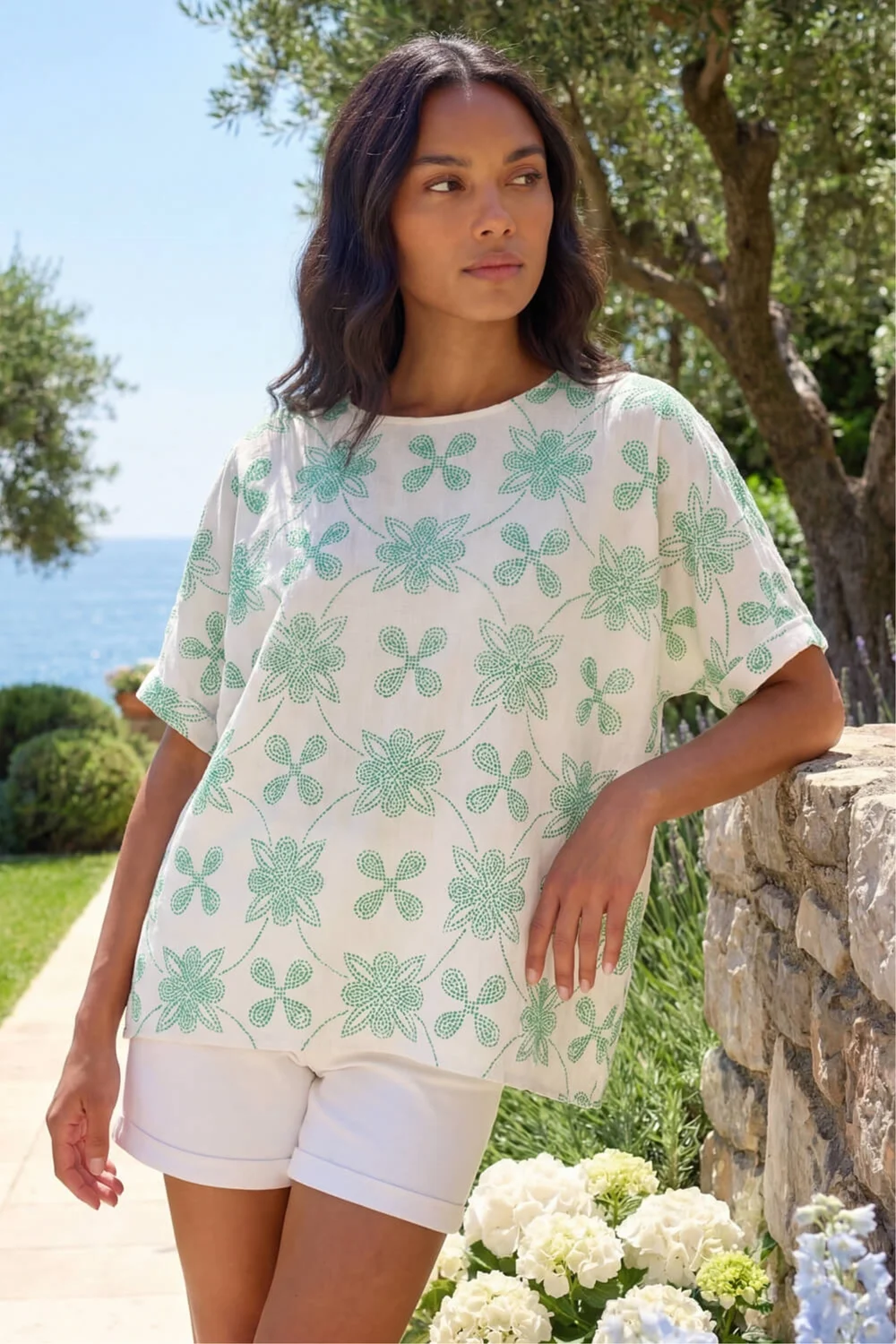 Roman Green Floral Textured Buttoned Back Top - 10 Image 1