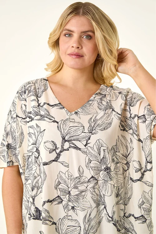 Roman Ivory Curve Floral Print Oversized Top - 16 Image 1
