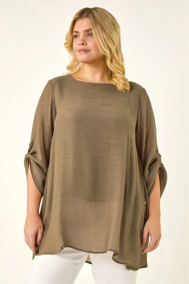 Roman Khaki Curve Buttoned Side Asymmetric Top
