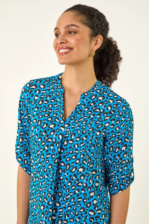 Roman Blue Animal Print Woven Top - 18 Image 4