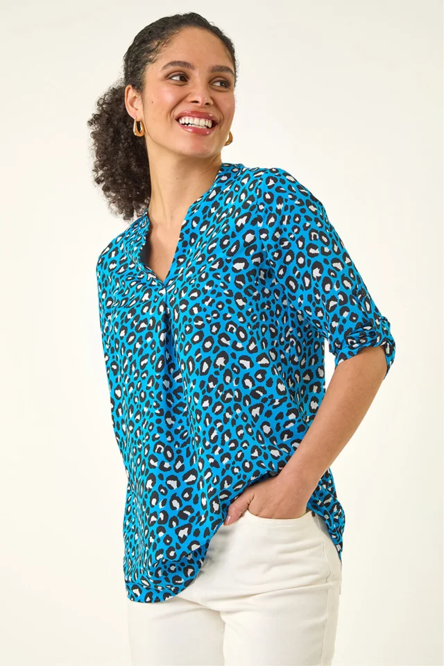 Roman Blue Animal Print Woven Top