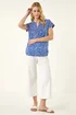 Roman Royal Blue Speck Print V-Neck Button Top - 20 Image 2