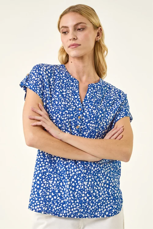 Roman Royal Blue Speck Print V-Neck Button Top - 20 Image 1