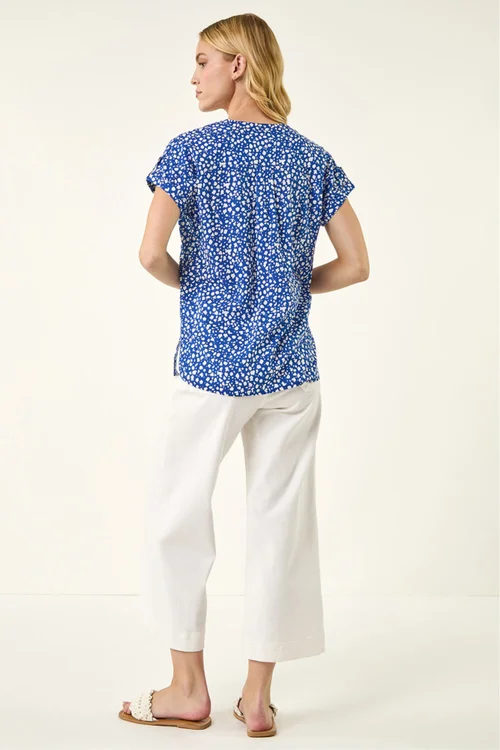 Roman Royal Blue Speck Print V-Neck Button Top - 20 Image 3