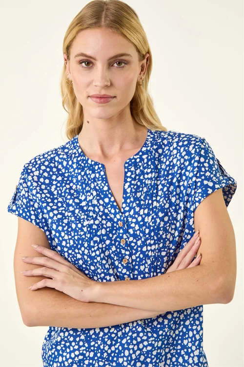 Roman Royal Blue Speck Print V-Neck Button Top - 20 Image 4