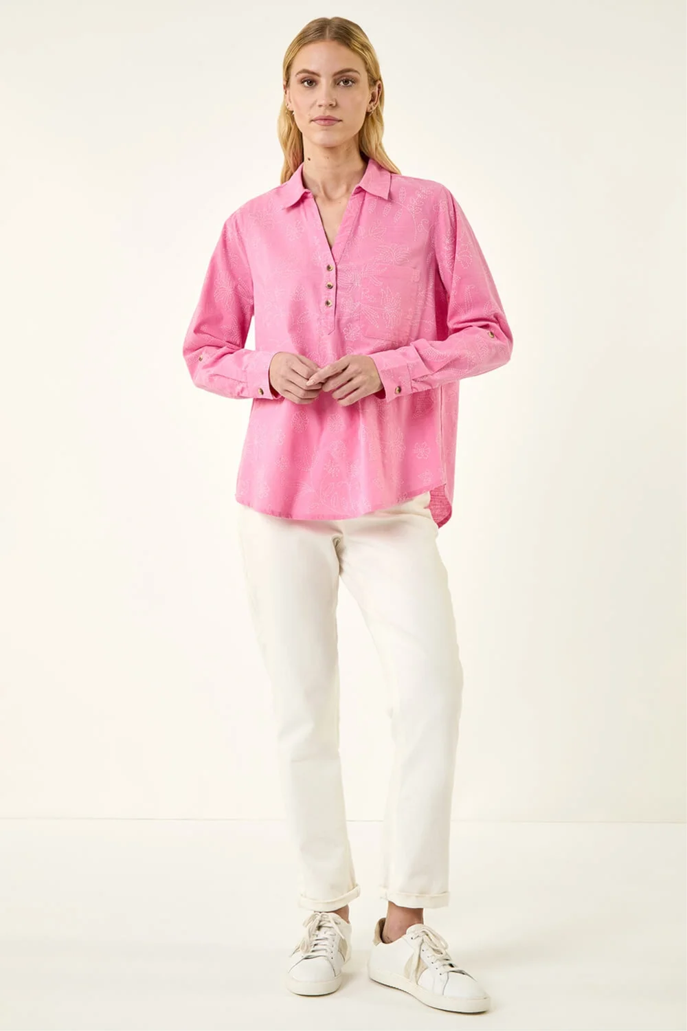 Roman Pink Floral Print Collar V-Neck Shirt - 12 Image 2