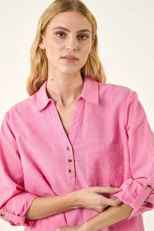 Roman Pink Floral Print Collar V-Neck Shirt - 12 Image 1