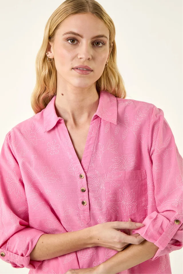 Roman Pink Floral Print Collar V-Neck Shirt