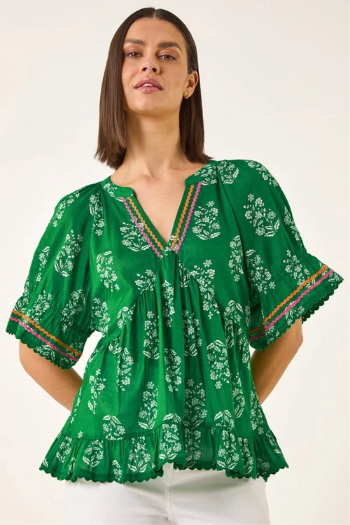 Roman Green Floral Ric Rac Frill Hem Top - 12 Image 4