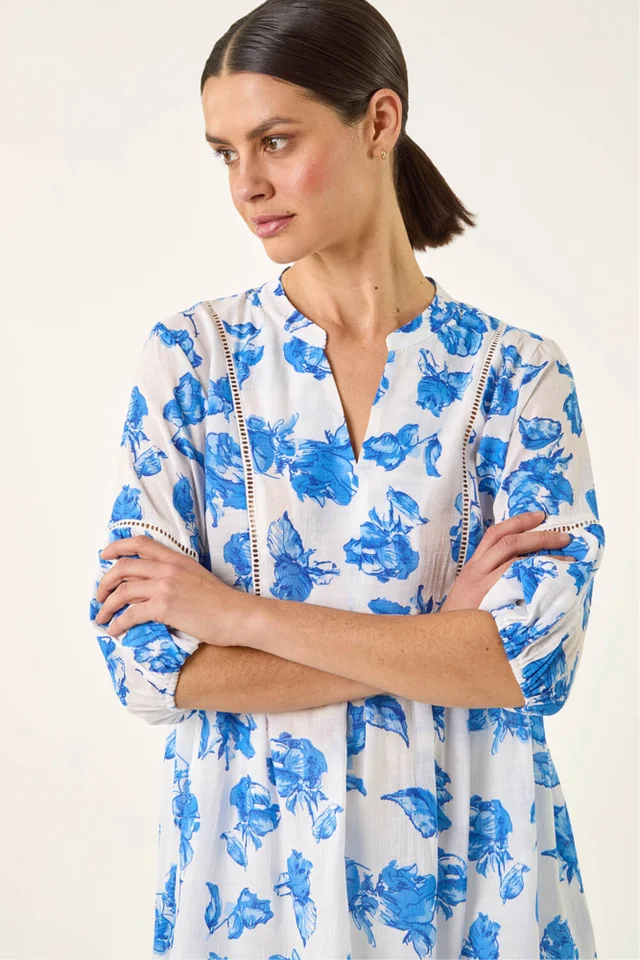 Roman Blue Floral Print Tunic Top
