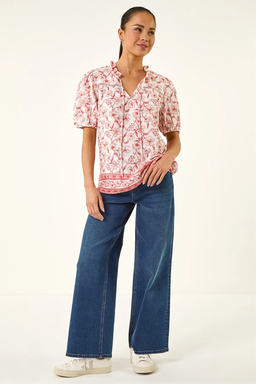 Roman Coral Petite Floral Border V-Neck Top - 12 Image 2