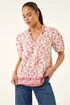 Roman Coral Petite Floral Border V-Neck Top - 12 Image 4