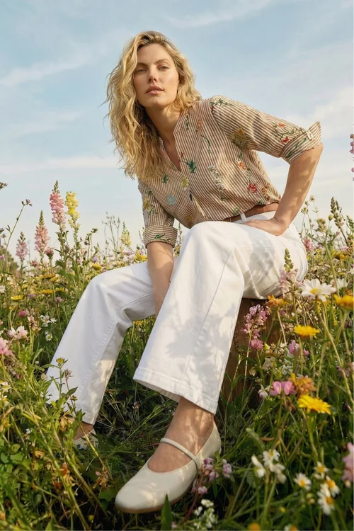 Roman Taupe Floral Stripe Pleated Top - 12 Image 1