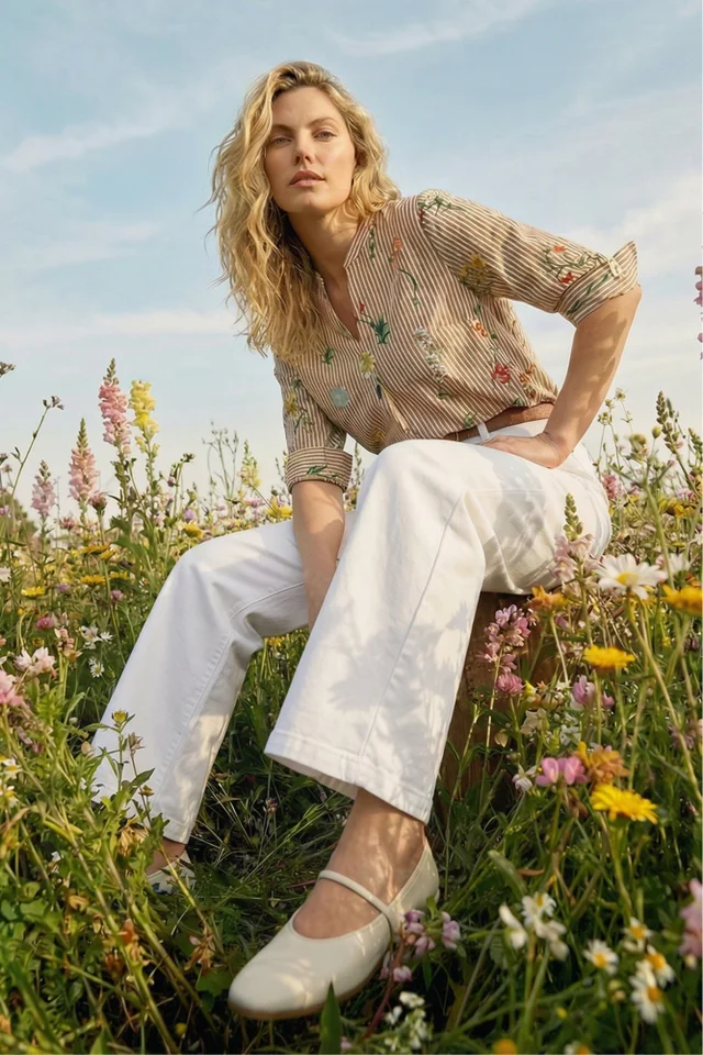 Roman Taupe Floral Stripe Pleated Top