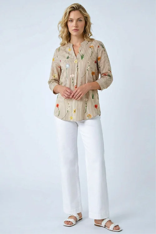 Roman Taupe Floral Stripe Pleated Top - 12 Image 4