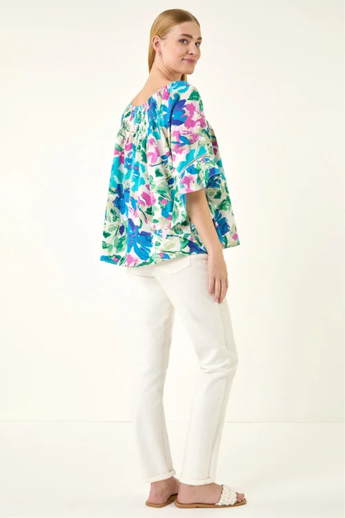 Roman Blue Floral Print Bardot Top - 10 Image 3
