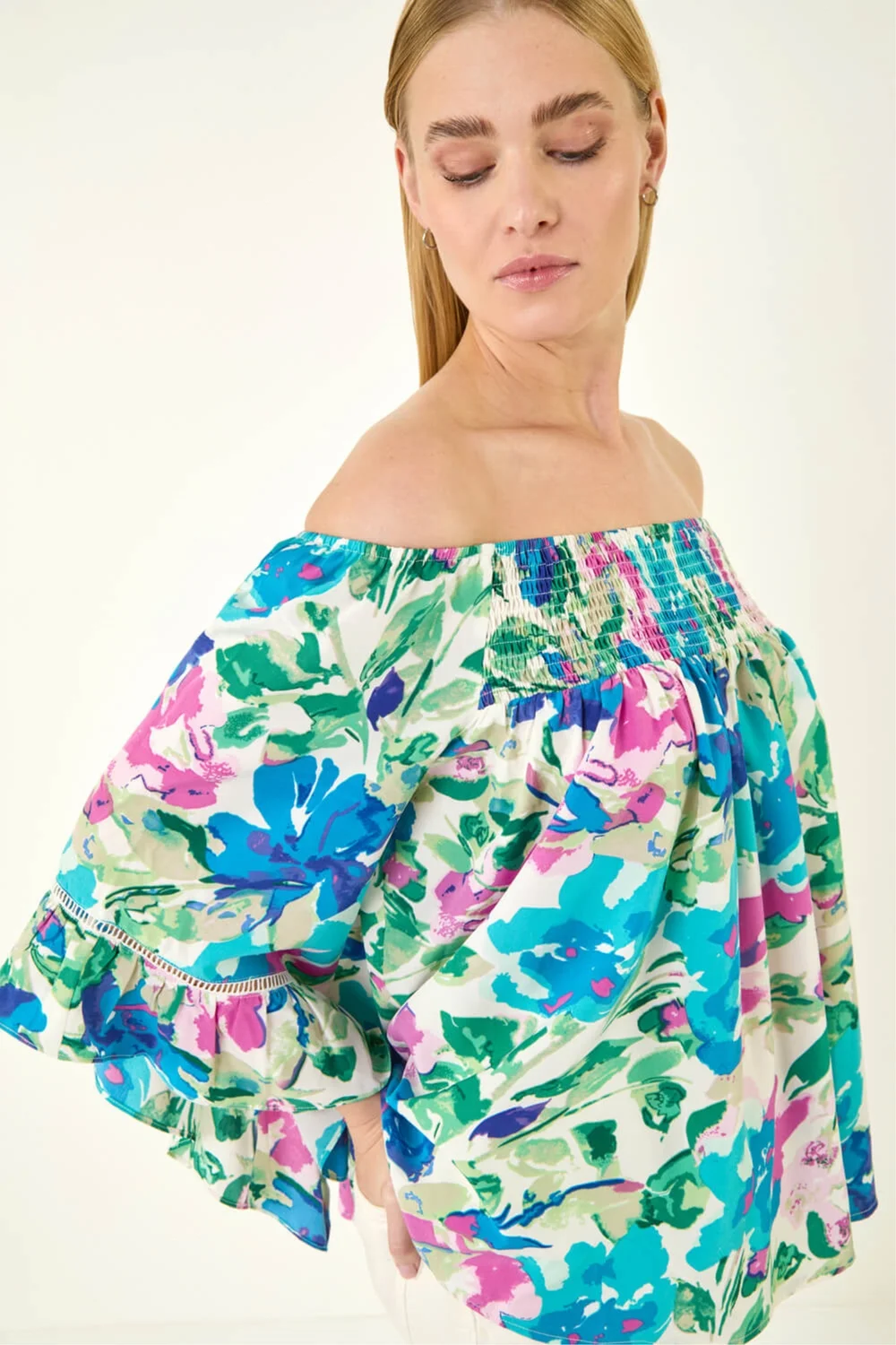 Roman Blue Floral Print Bardot Top - 10 Image 1