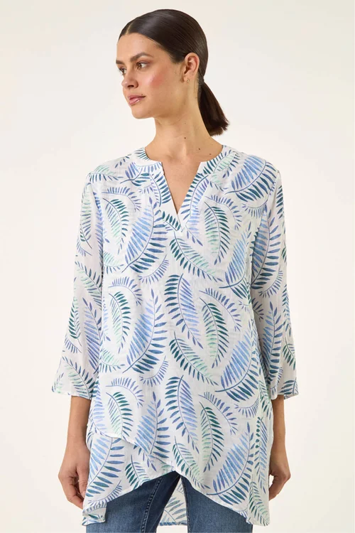 Roman Blue Leaf Print Wrap Hem Tunic Top - 12 Image 1