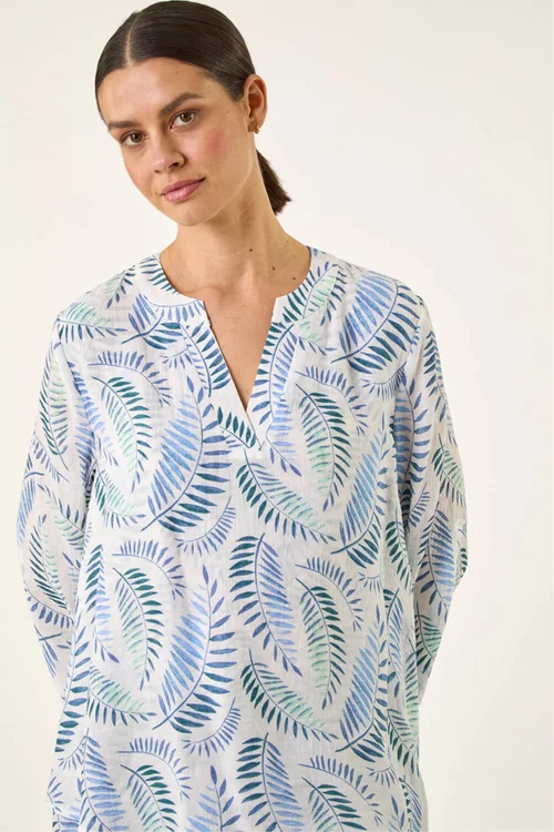 Roman Blue Leaf Print Wrap Hem Tunic Top - 12 Image 4
