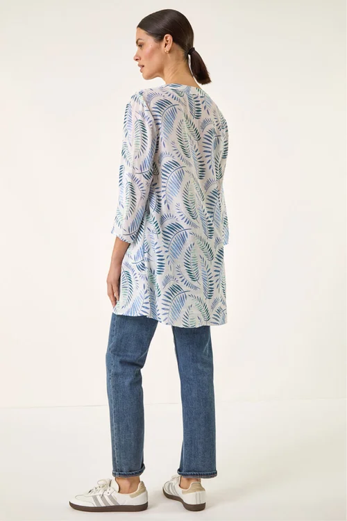 Roman Blue Leaf Print Wrap Hem Tunic Top - 12 Image 3