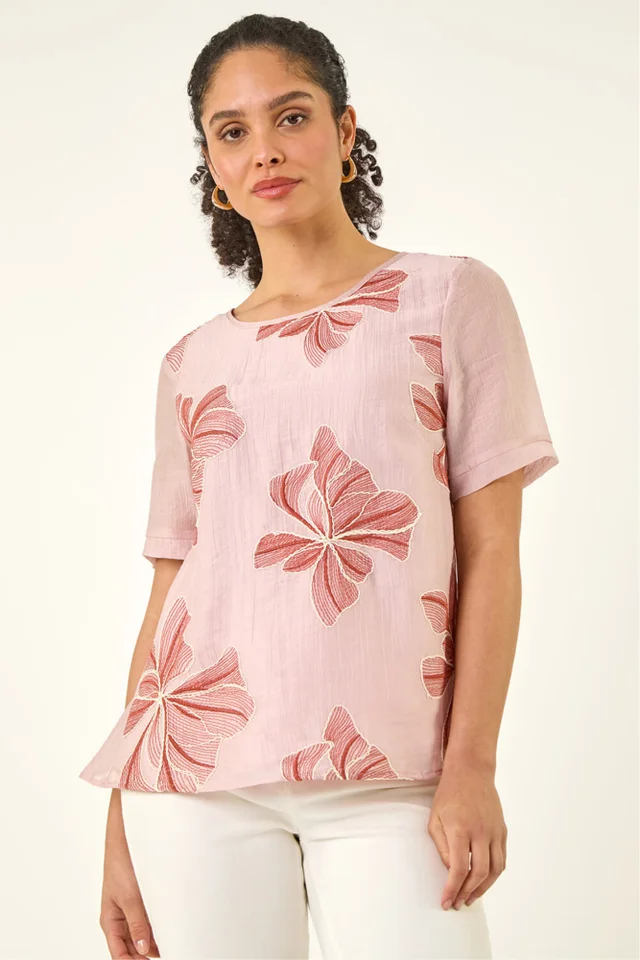 Roman Pink Floral Embroidered Top