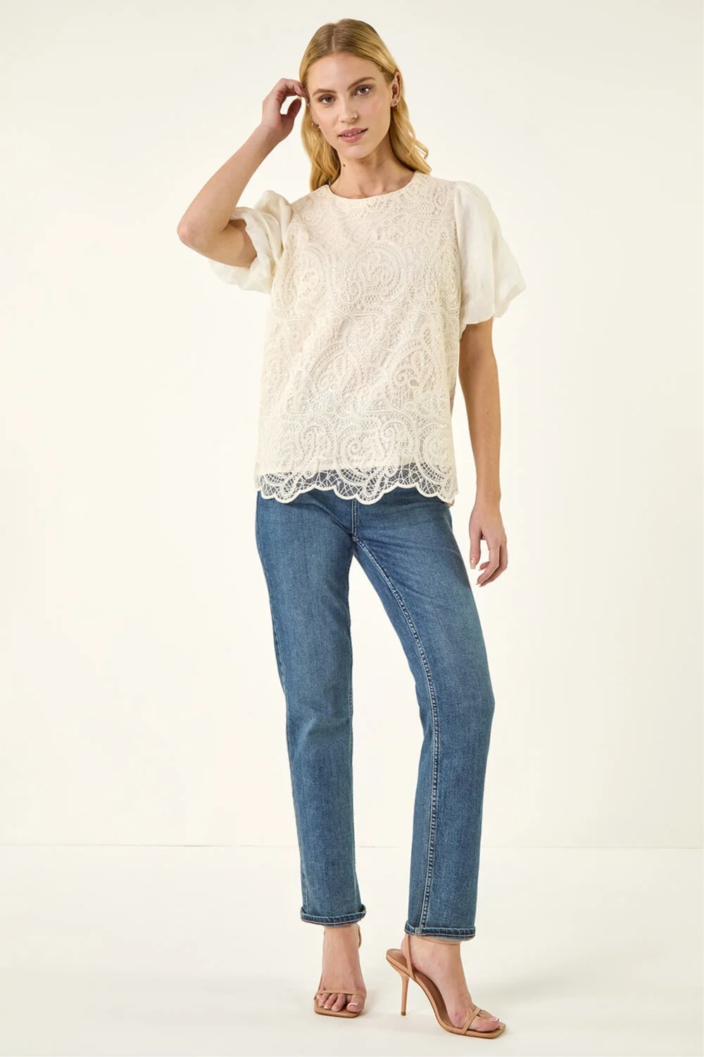 Roman Cream Panelled Lace Puff Sleeve Top - 14 Image 2