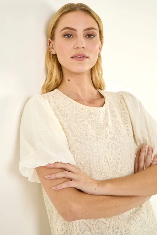 Roman Cream Panelled Lace Puff Sleeve Top - 14 Image 1