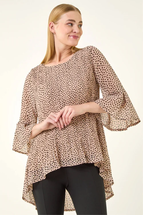 Roman Beige Spot Print Pleated Tunic Top - 14 Image 1