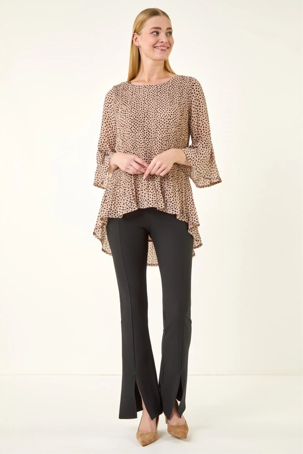 Roman Beige Spot Print Pleated Tunic Top - 14 Image 2