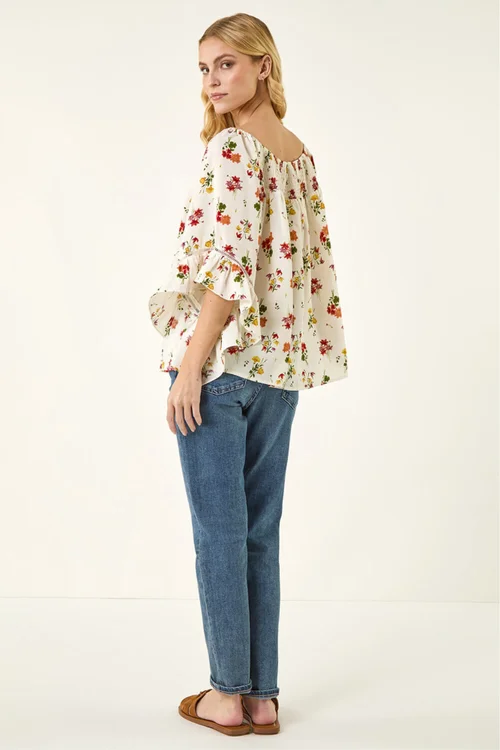 Roman Red Floral Print Bardot Top - 20 Image 3