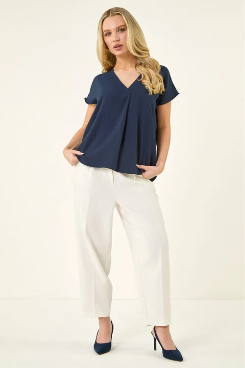 Roman Navy Petite V-Neck Tuck Front Top - 12 Image 3