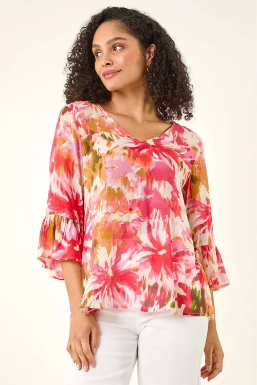 Roman Pink Abstract Floral Flare Sleeve Top - 16 Image 1